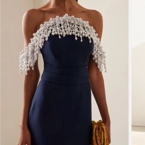 Gorgeous off the shoulder navy with pearls cocktail dress